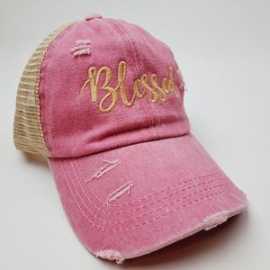 Retro Vintage Style Distressed Blessed Ponytail Trucker Hat Cap Gorra Christian
